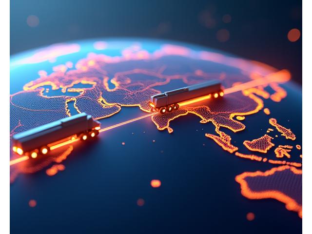 世界地図の上を移動する輸送トラックと船のCG