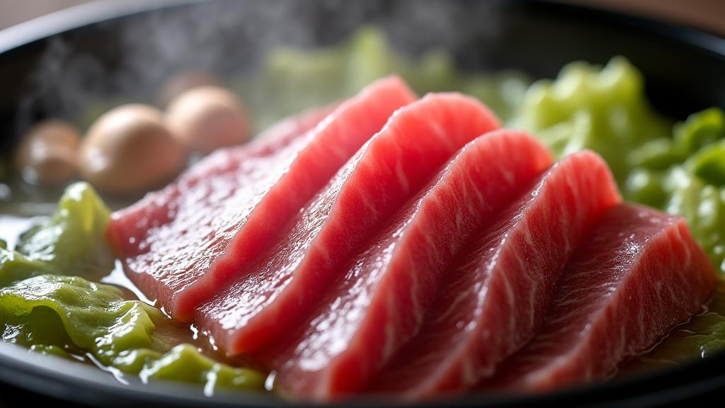 すき焼き用に美しく薄切りされた霜降り和牛