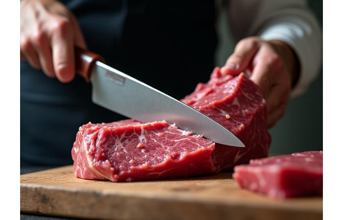 和牛の塊肉を丁寧にカットする専門精肉職人の手元