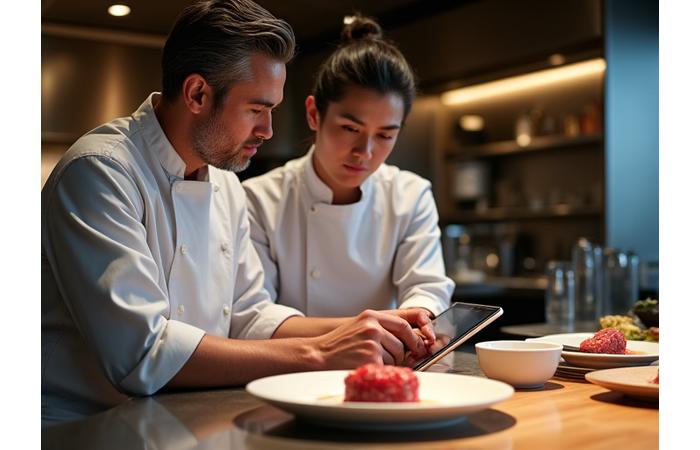 シェフとコンサルタントが和牛メニューについて議論している様子